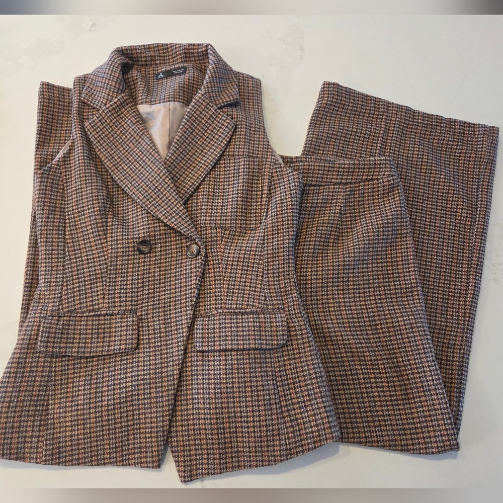 Wool Blend High Waist Wide Leg Pant And Sleeveless Blazer Vest Set